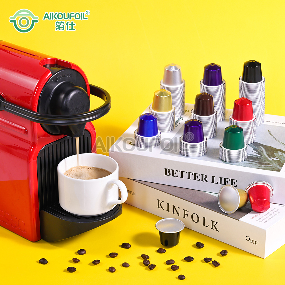 Various colors of Aikoufoil Nespresso compatible aluminum capsules.