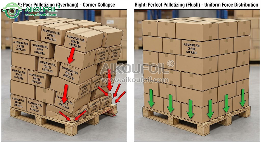 Pallet loading comparison showing structural failure caused by carton overhang versus our zero-overhang secure stacking.