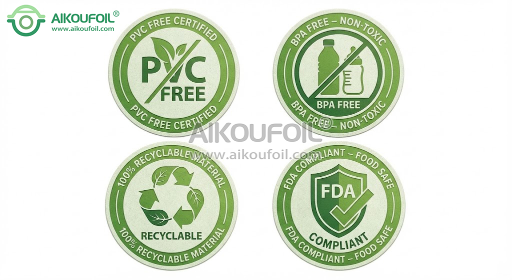 Industry compliance badges illustrating PVC-Free, BPA-Free, and FDA specifications of our aluminum capsule lacquer.