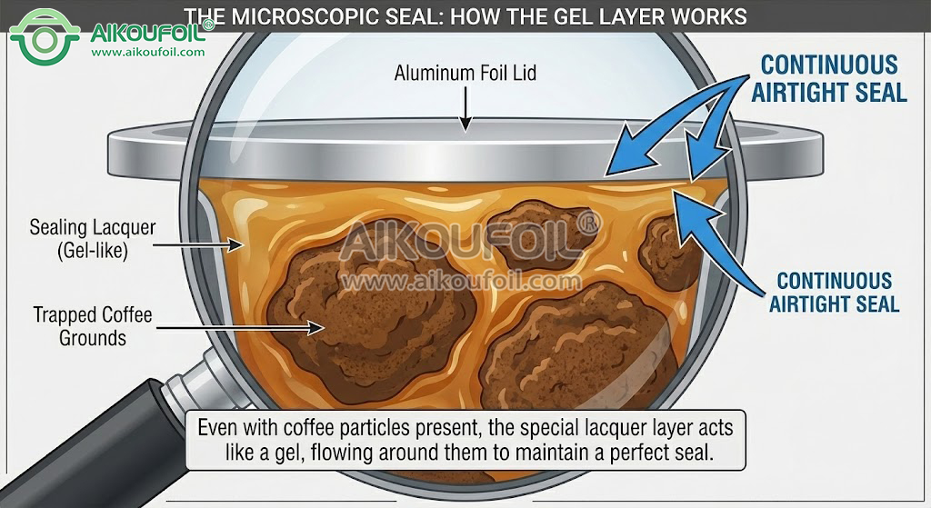 Microscopic cross-section showing high-caulkability lacquer encapsulating 150-micron coffee dust particles without breaking the seal.