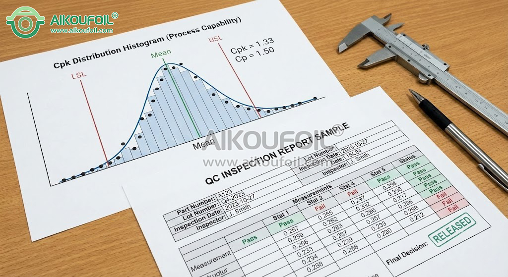 Statistical process control chart (Cpk) showing rim diameter distribution and a sample AQL inspection report.