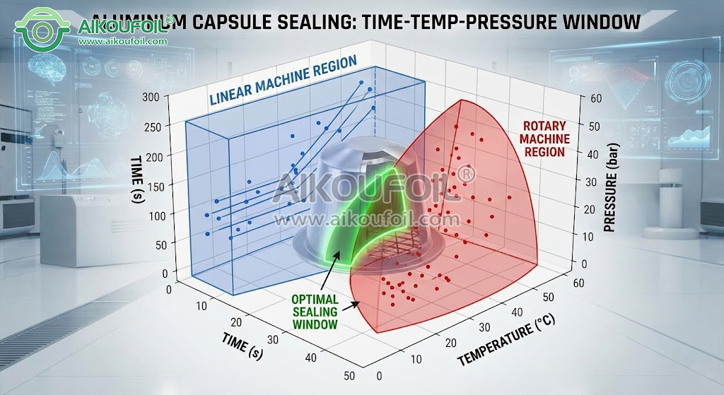 Technical graph illustrating the optimal Sealing Window (Temperature vs. Dwell Time) for Rotary vs. Linear filling machines.