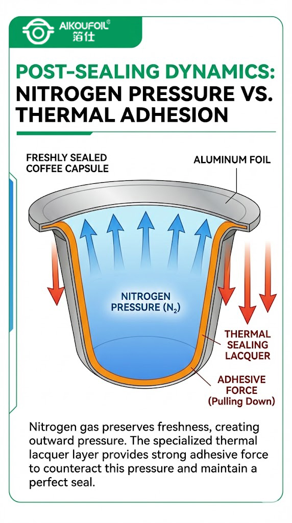 Diagram demonstrating the "Hot Tack" force counteracting internal nitrogen pressure immediately after sealing.