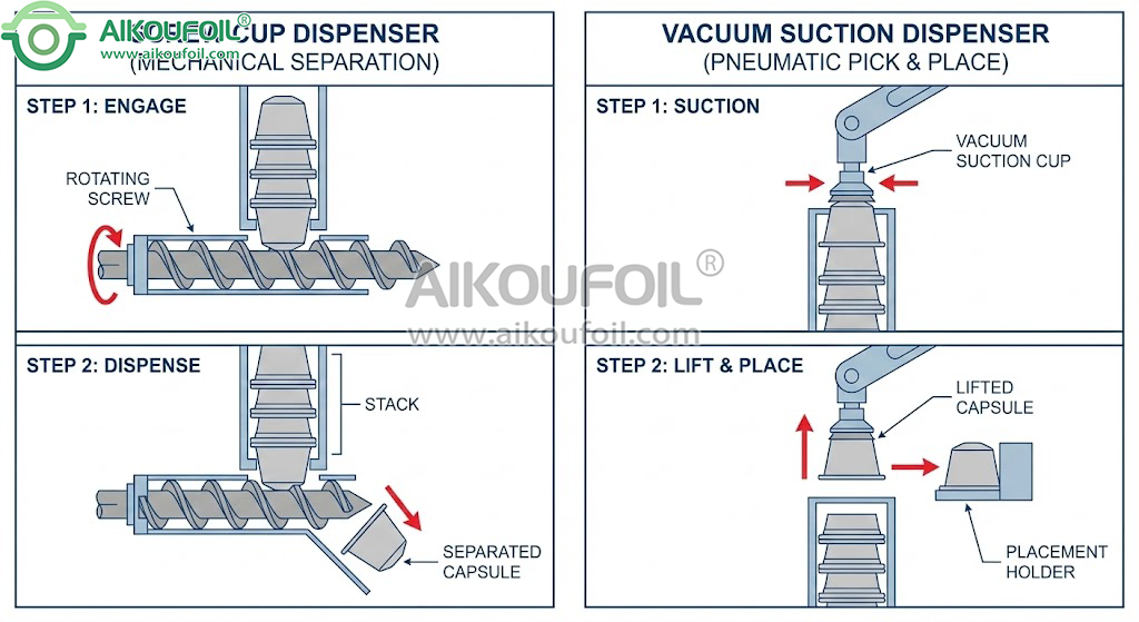Technical illustration comparing mechanical screw destacking mechanism vs. vacuum pick-and-place operation.