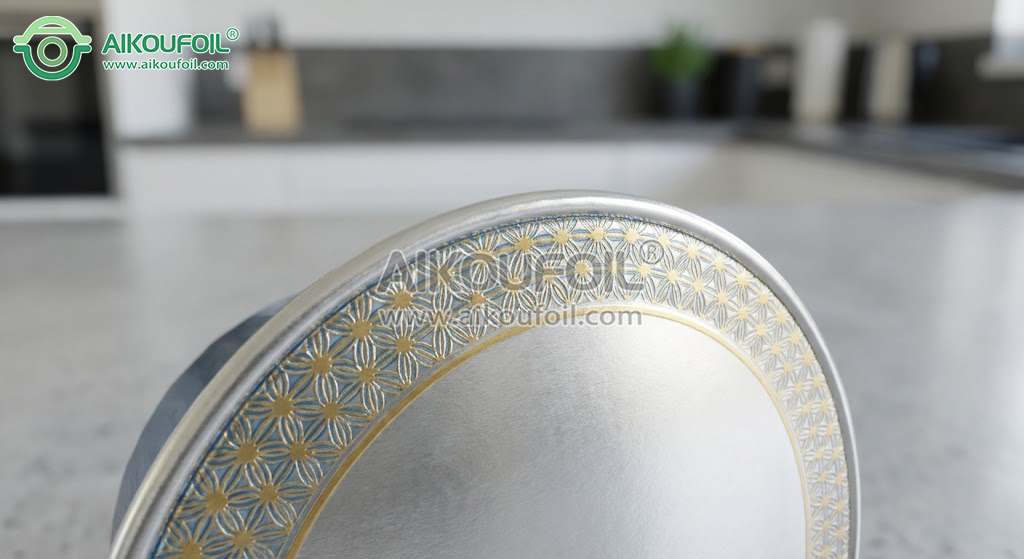 Macro photography of a coffee capsule with full-rim printing, showing perfect seal integrity over the ink layer.