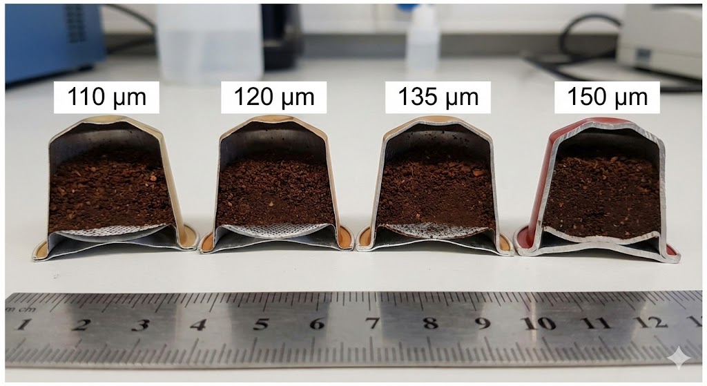 Comparison chart of aluminium foil materials at different thicknesses, demonstrating visual differences between 110-150 micrometre specifications.