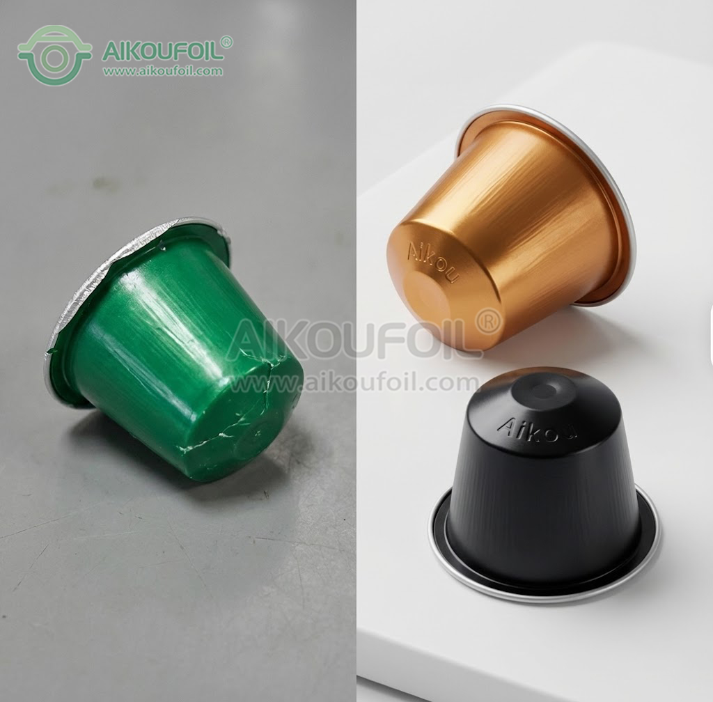 Side-by-side comparison of premium aluminum coffee capsule vs standard plastic pod.