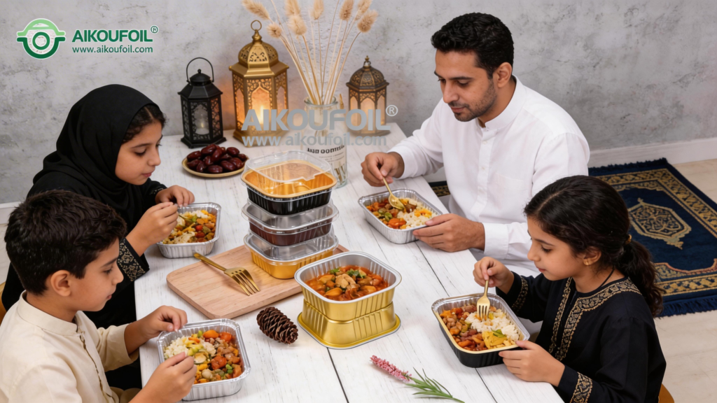 Family enjoying iftar meal in aluminum foil containers during Ramadan - premium food packaging