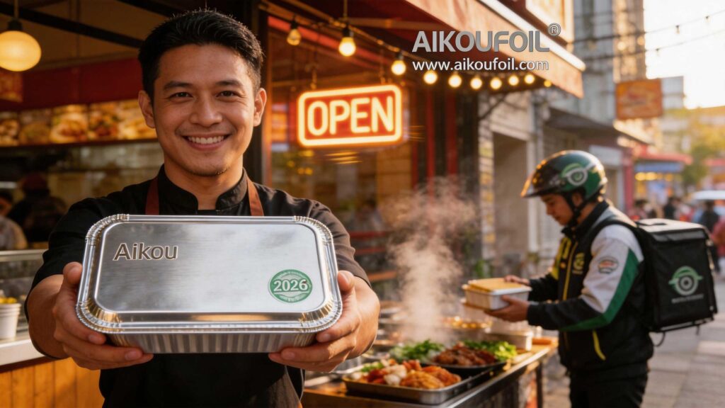 Владелец ресторана в Юго-Восточной Азии держит в руках алюминиевый контейнер Aikou, уверенно улыбаясь и демонстрируя успешный бизнес по доставке еды.