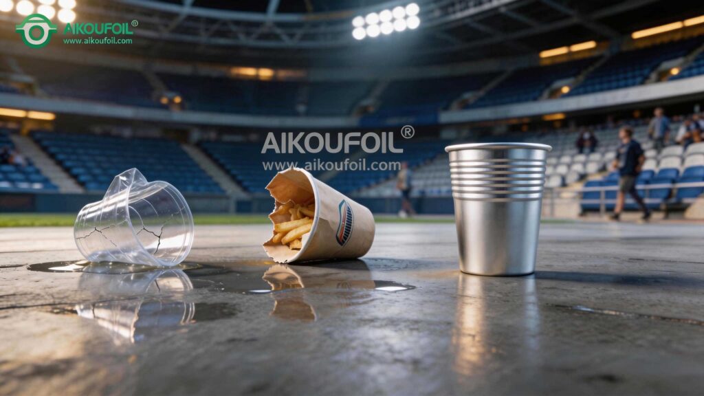 Comparación entre vaso de plástico dañado, vaso de papel roto y vaso de aluminio reutilizable duradero en un estadio.