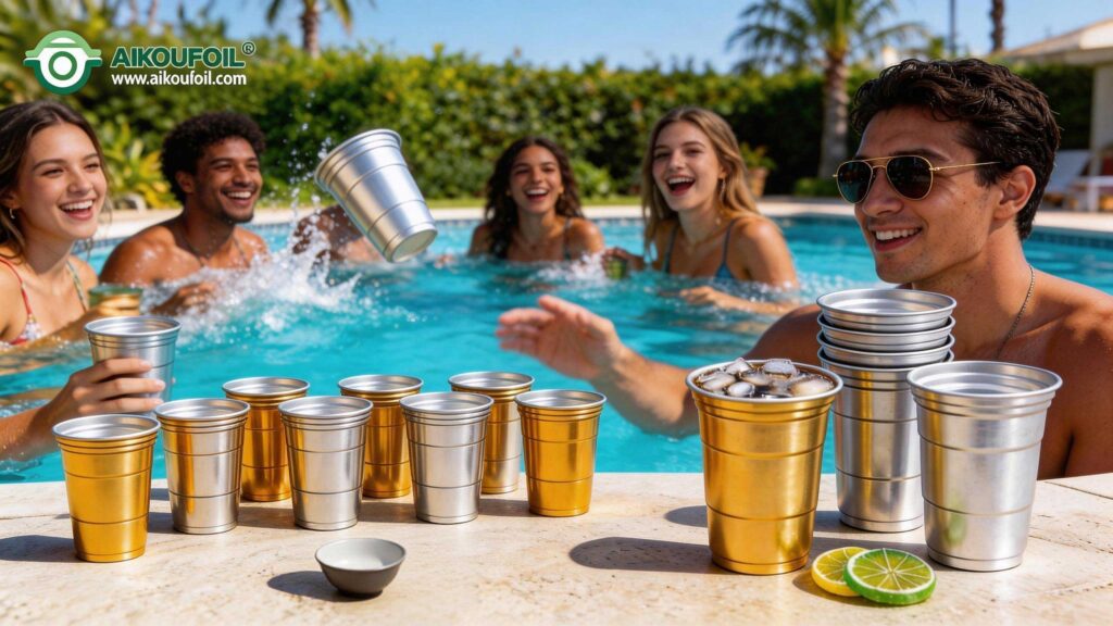 consumer enjoying beverage from Aikou aluminum cup by poolside showing shatterproof advantage