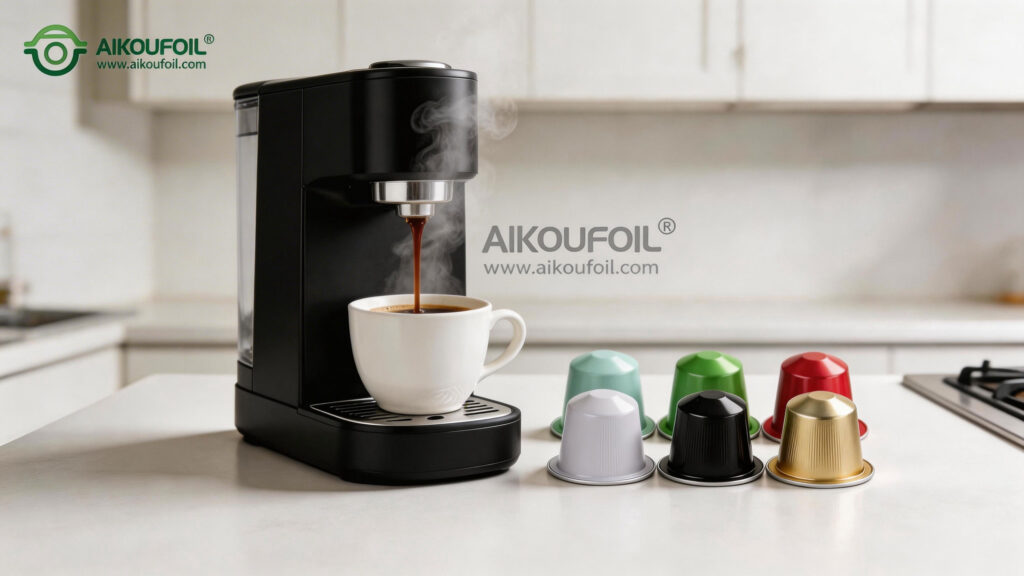 Идеальный эспрессо, приготовленный из алюминиевой кофейной капсулы AIKOU.
