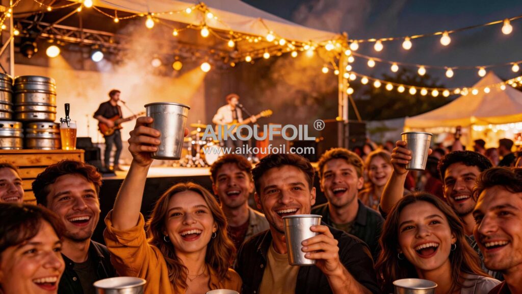 Aikou aluminum cups at craft beer festival with people enjoying premium beverages