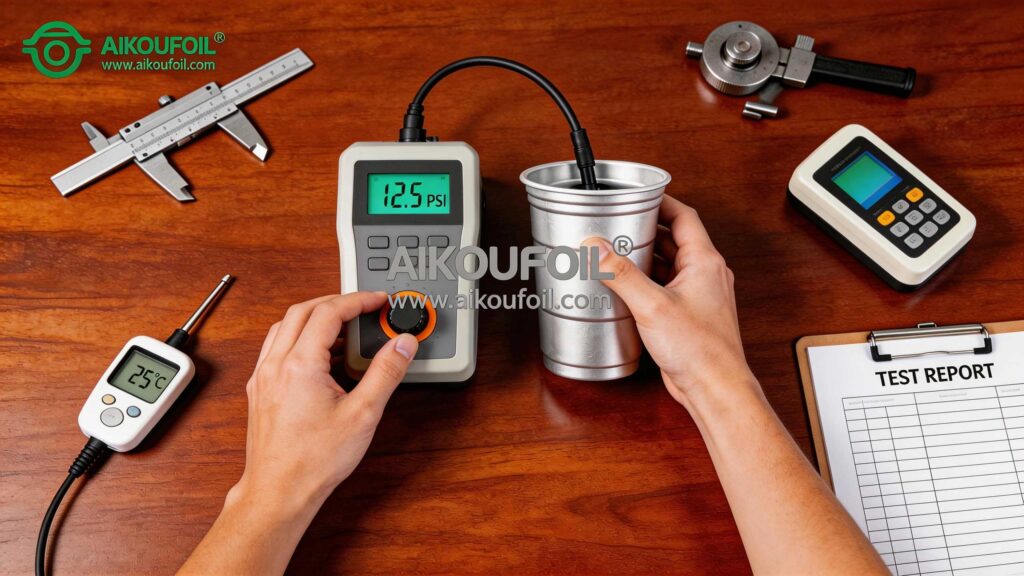 Aikou quality control team inspecting aluminum cups with statistical process control monitoring