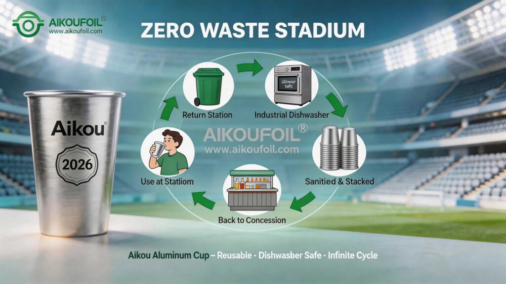 Infografía sobre la solución para estadios con cero residuos: ciclo de reutilización de vasos de aluminio Aikou apto para lavavajillas.