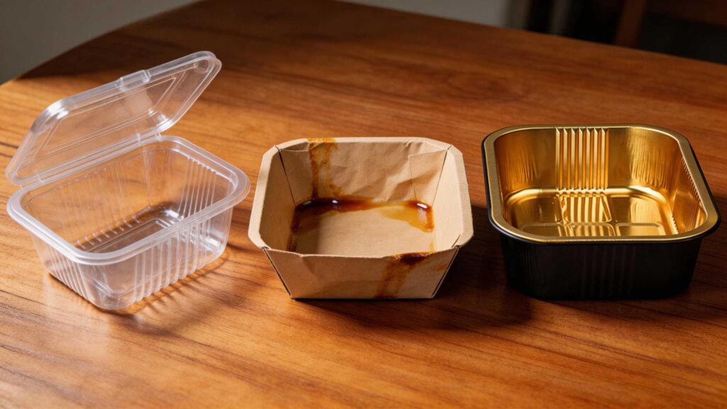 Comparison of food packaging after delivery showing plastic warping and paper sogginess versus aluminum foil container integrity