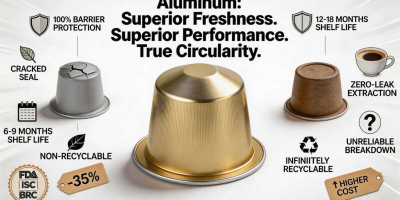 Comparison infographic of aluminum, plastic and biodegradable coffee capsules