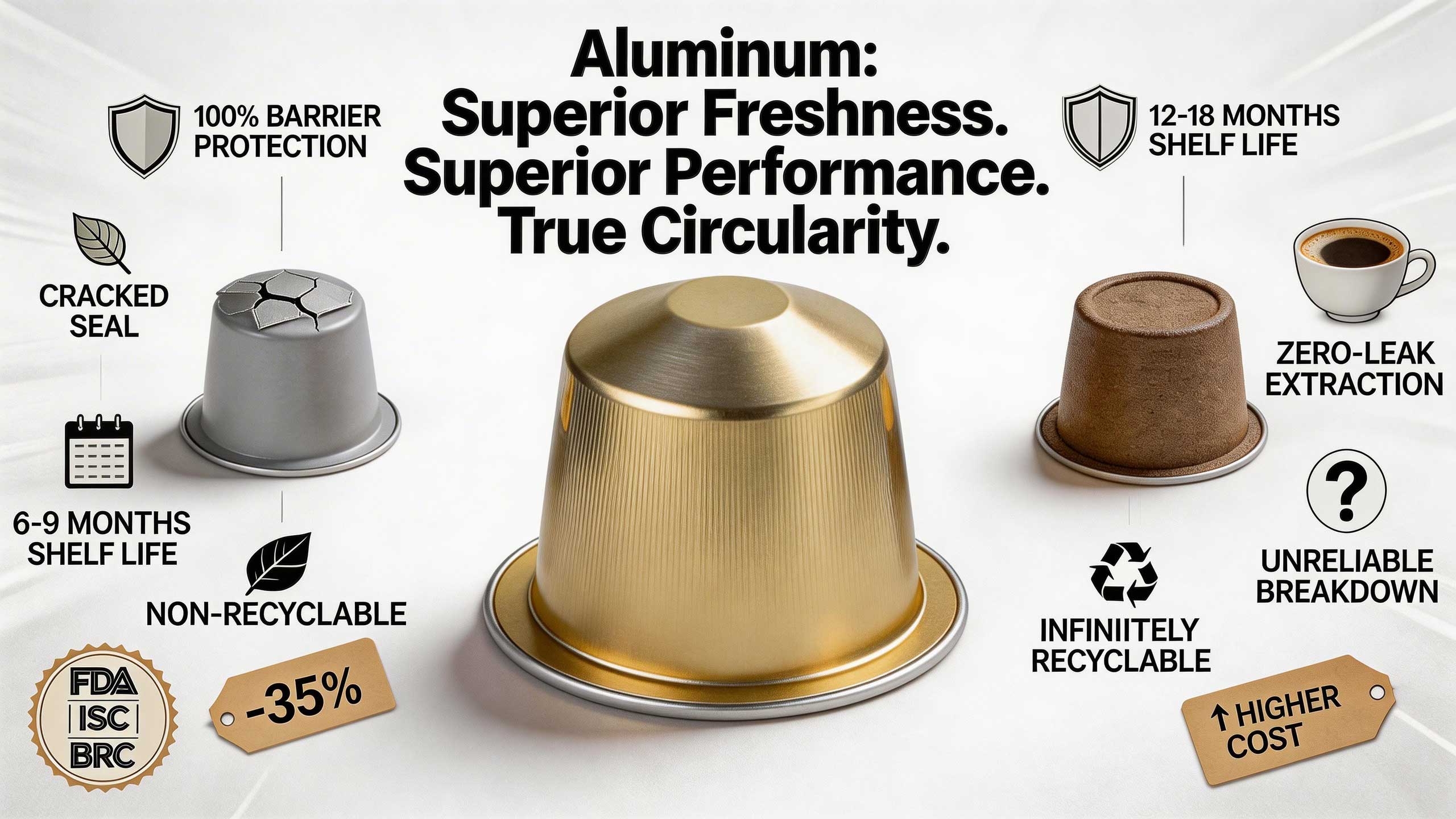 Сравнительная инфографика алюминиевых, пластиковых и биоразлагаемых кофейных капсул.