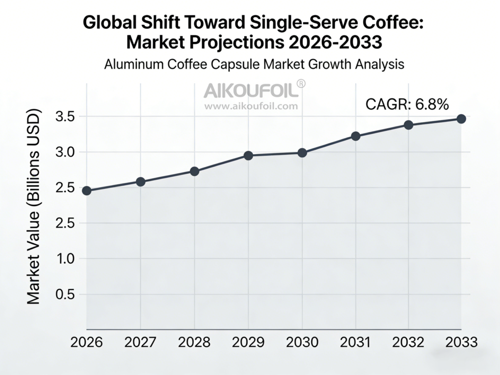 Согласно прогнозу, объем мирового рынка алюминиевых кофейных капсул в период с 2026 по 2033 год достигнет 3,5 миллиардов долларов.