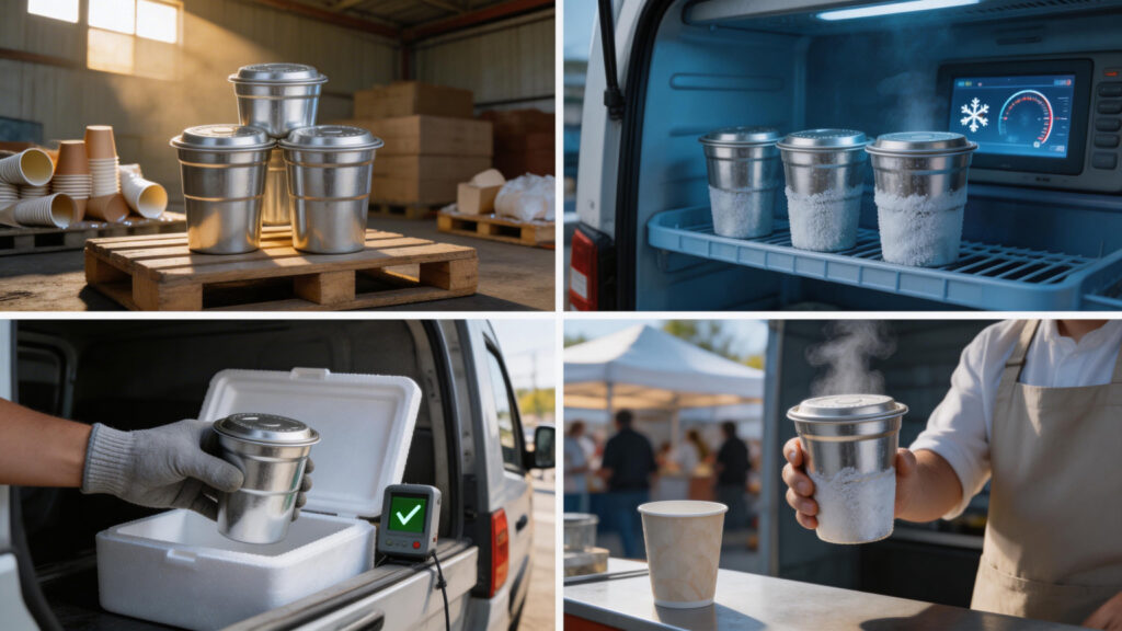 Aluminum cup performance across supply chain warehouse transport delivery