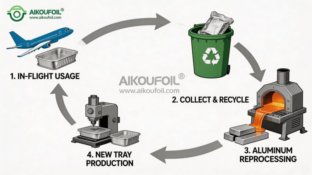 Circular economy diagram for aluminum foil airline meal tray recycling and reprocessing
