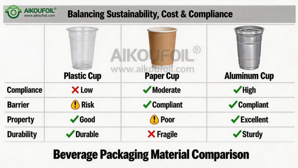 Plastic vs paper vs aluminum foil cup comparison Southeast Asia beverage packaging