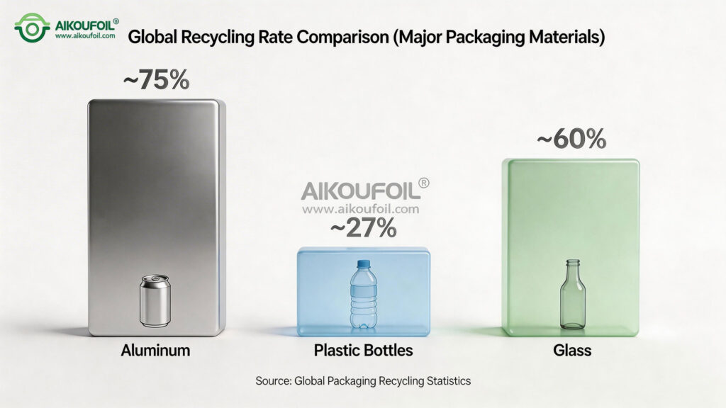 Global packaging recycling rates comparison aluminum plastic glass bar chart