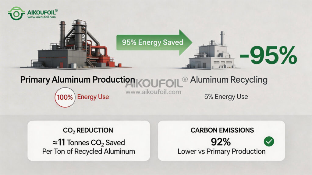 Aluminum recycling 95 percent energy savings comparison primary vs recycled production infographic
