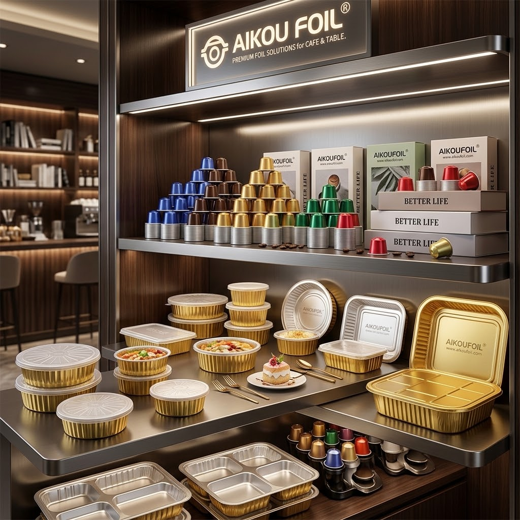 Eco-friendly aluminum foil containers and coffee capsules on retail display