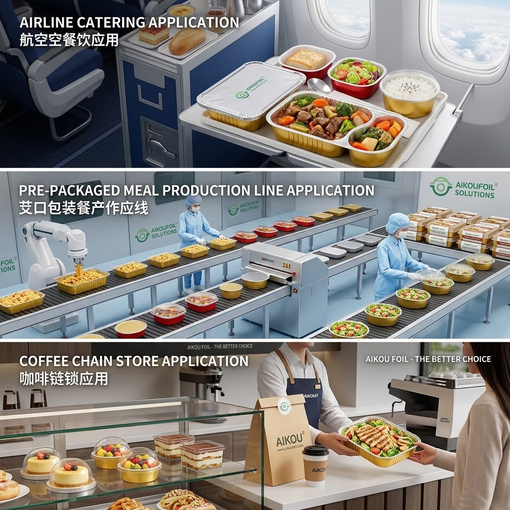 Diverse applications of Aikoufoil products including airline catering, RTE meals, and Nespresso compatible coffee capsules