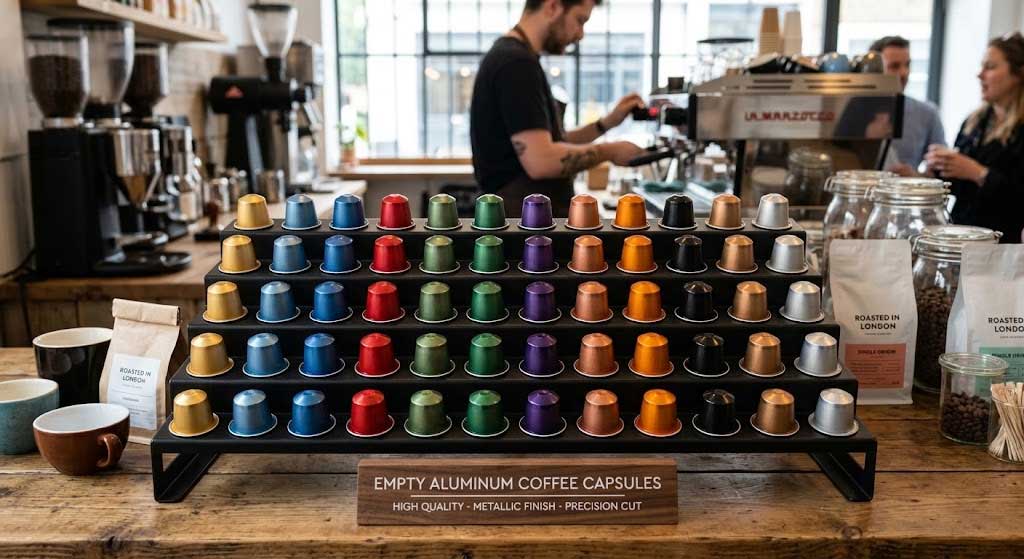 Premium empty aluminum coffee capsules compatible with Nespresso machines