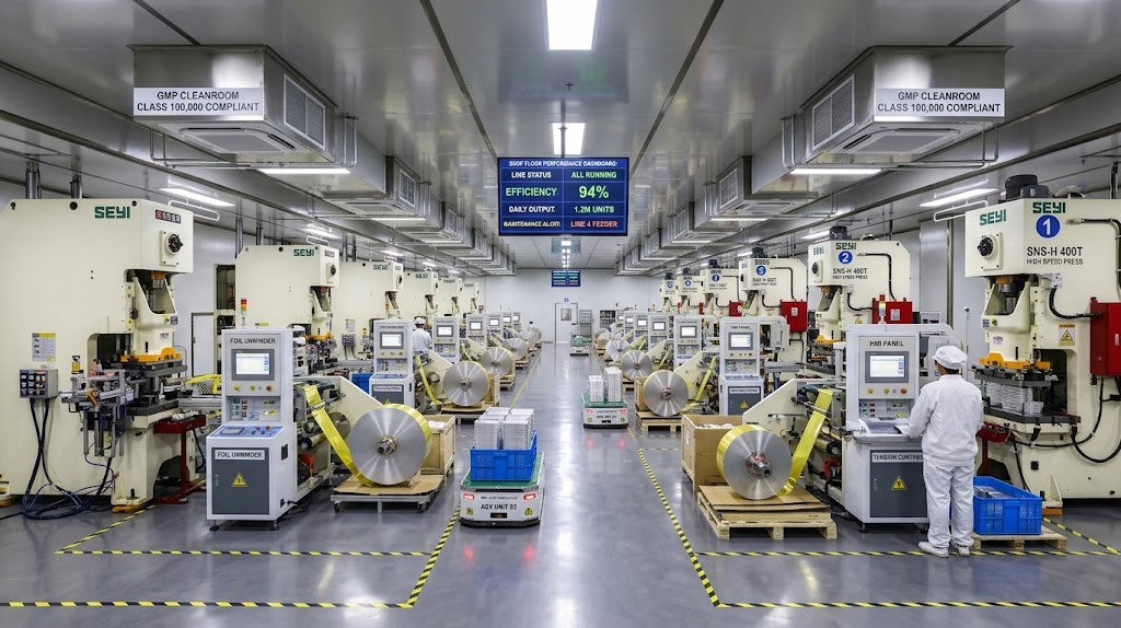 modern automated aluminum foil container production lines in aikou cleanroom manufacturing base