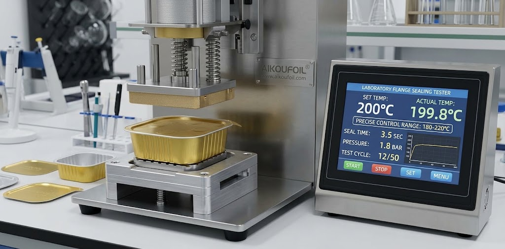 precision heat sealing test on smooth wall aluminum foil container flange with automated machinery