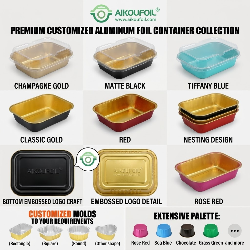 custom color coated aluminum foil containers with embossed brand logo in matte black and gold