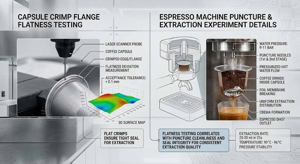 Precision flange curling and airtight heat sealing test of aluminum coffee capsules