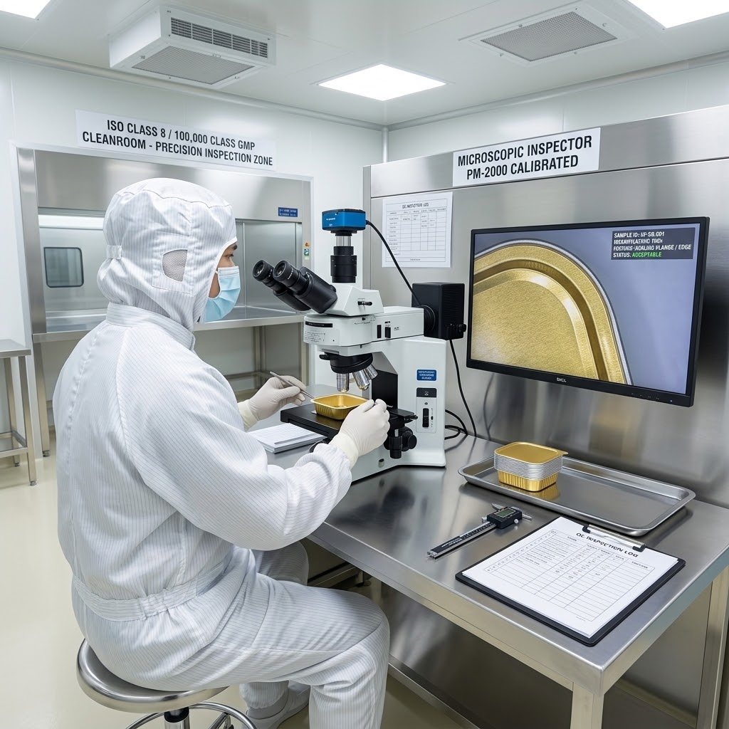 class 100000 GMP cleanroom facility with quality inspector examining foil container curled rims