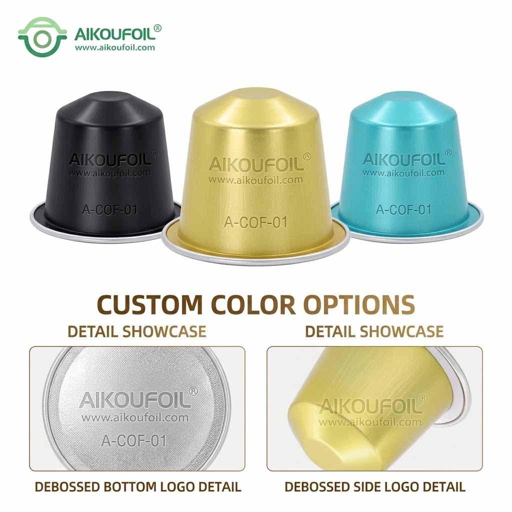 Customized colorful aluminum coffee capsules with embossed logo for specialty coffee brands