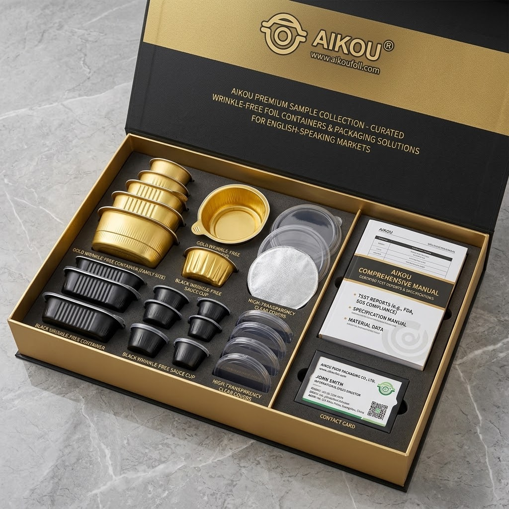 aikou free sample kit with assorted smooth wall aluminum foil containers and custom color swatches