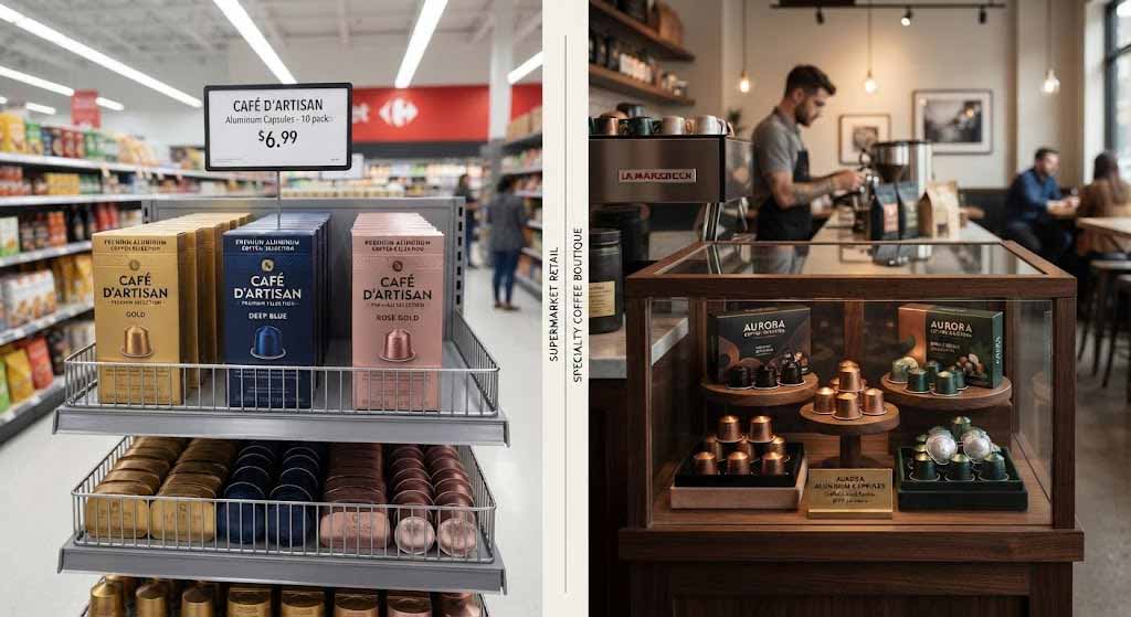 Retail packaging application of aluminum coffee capsules in supermarkets and cafe
